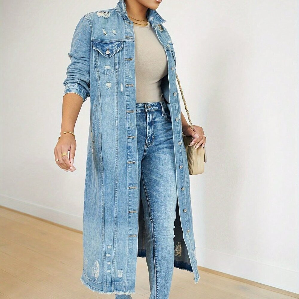 Lightblue Casual Women's Distressed Ripped Denim Trench Coat